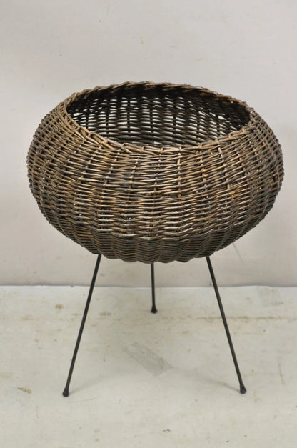 Mid Century Modern Arthur Umanoff Style Wicker Rattan Wrought Iron Planter Stand