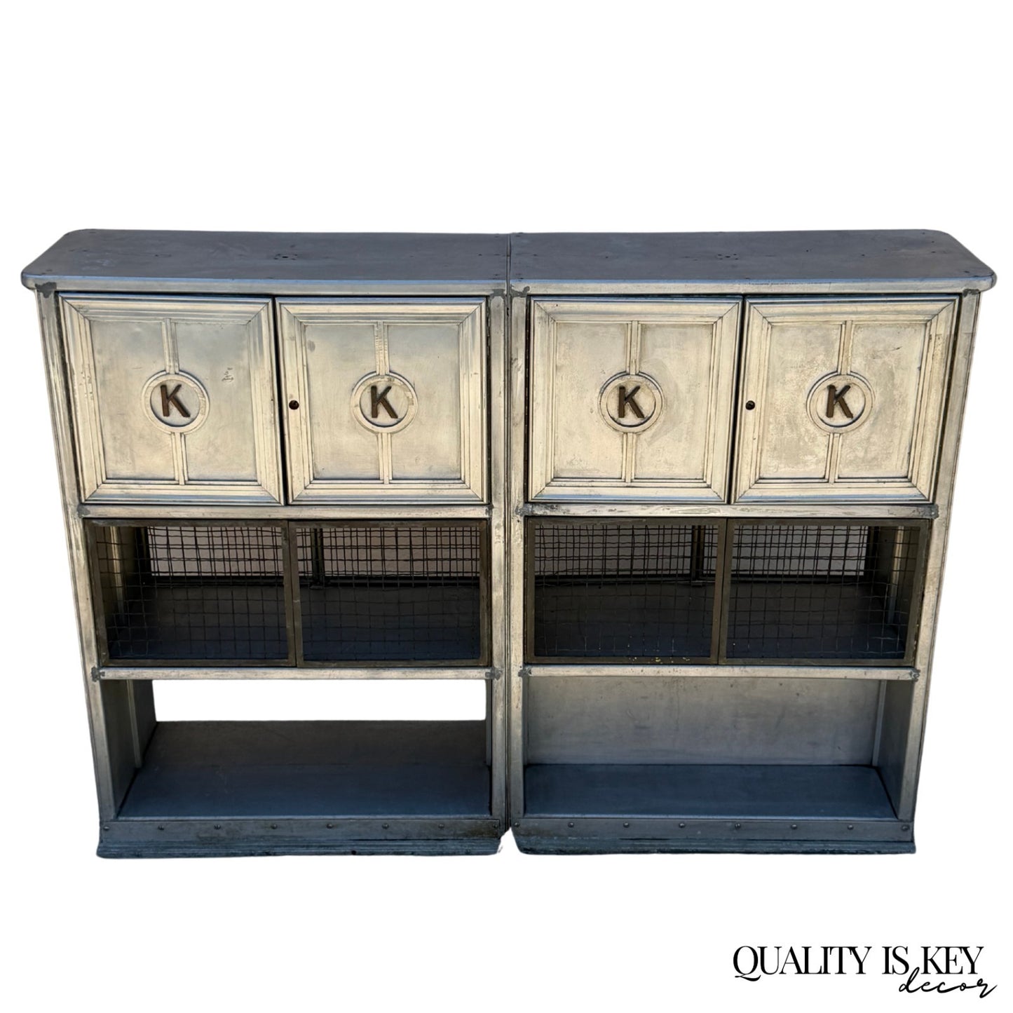 Antique Art Deco Steel Metal Dual Sided Dental Medical Cabinets Bar - a Pair