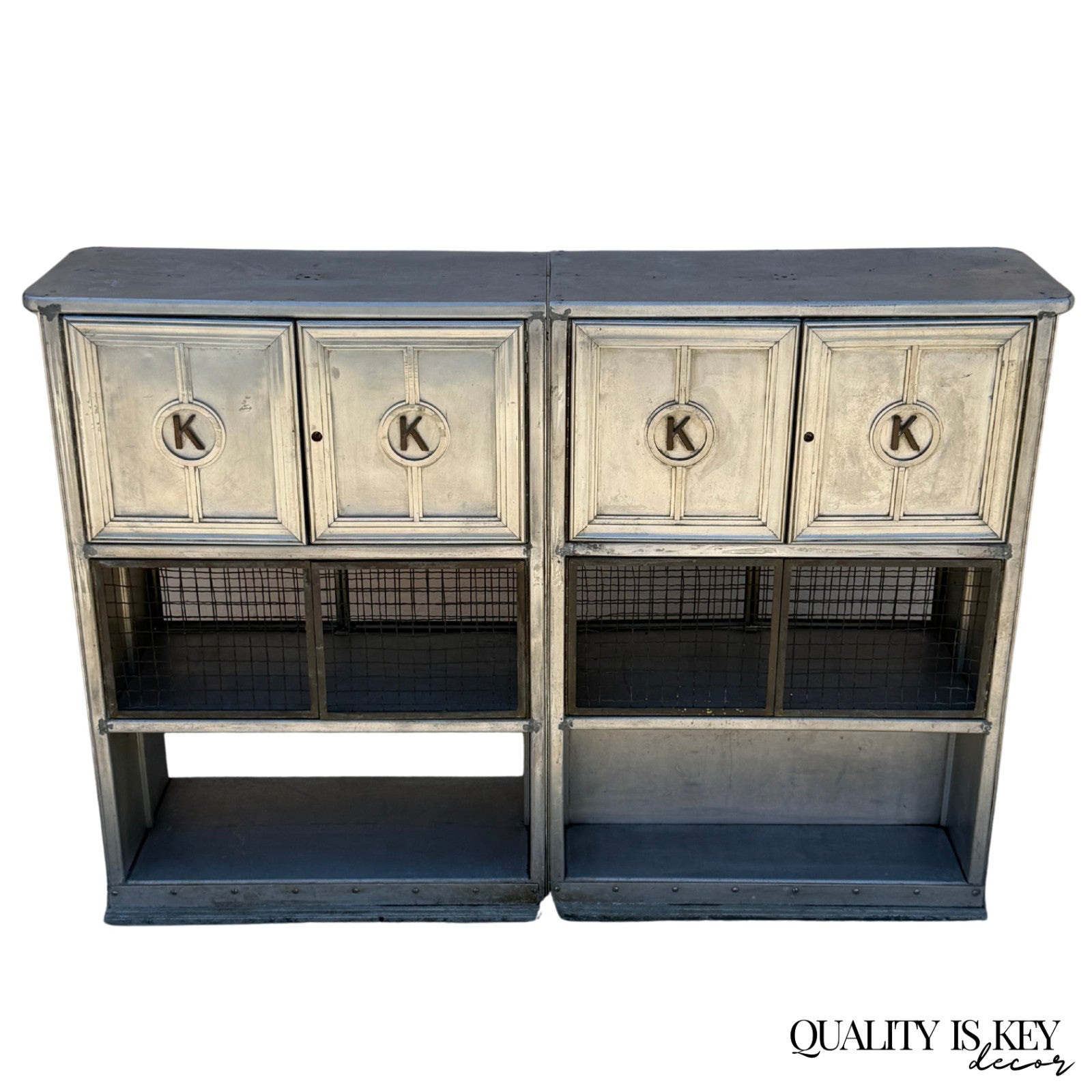 Antique Art Deco Steel Metal Dual Sided Dental Medical Cabinets Bar - a Pair