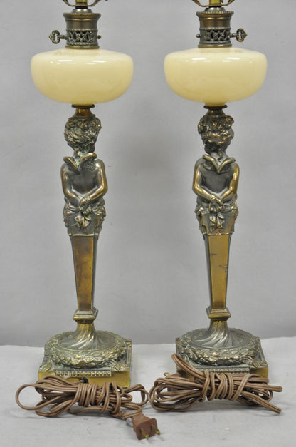 Vintage French Renaissance Brass Cherub Putti Column Cream Glass Table Lamp Pair