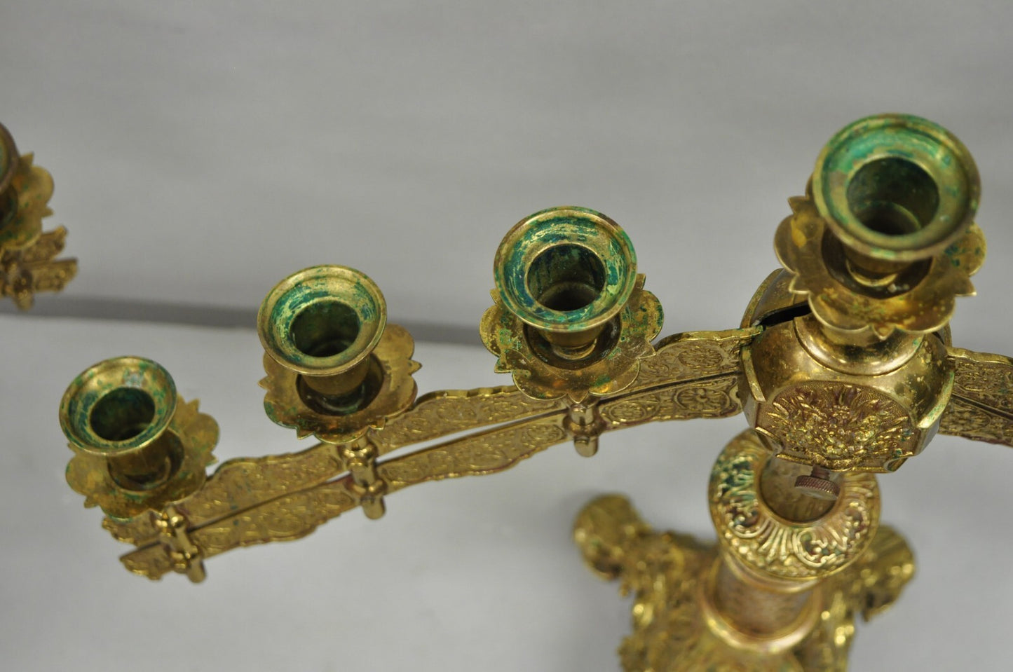 Antique French Renaissance Gothic Bronze 7 Arm Adjustable Candelabras - a Pair