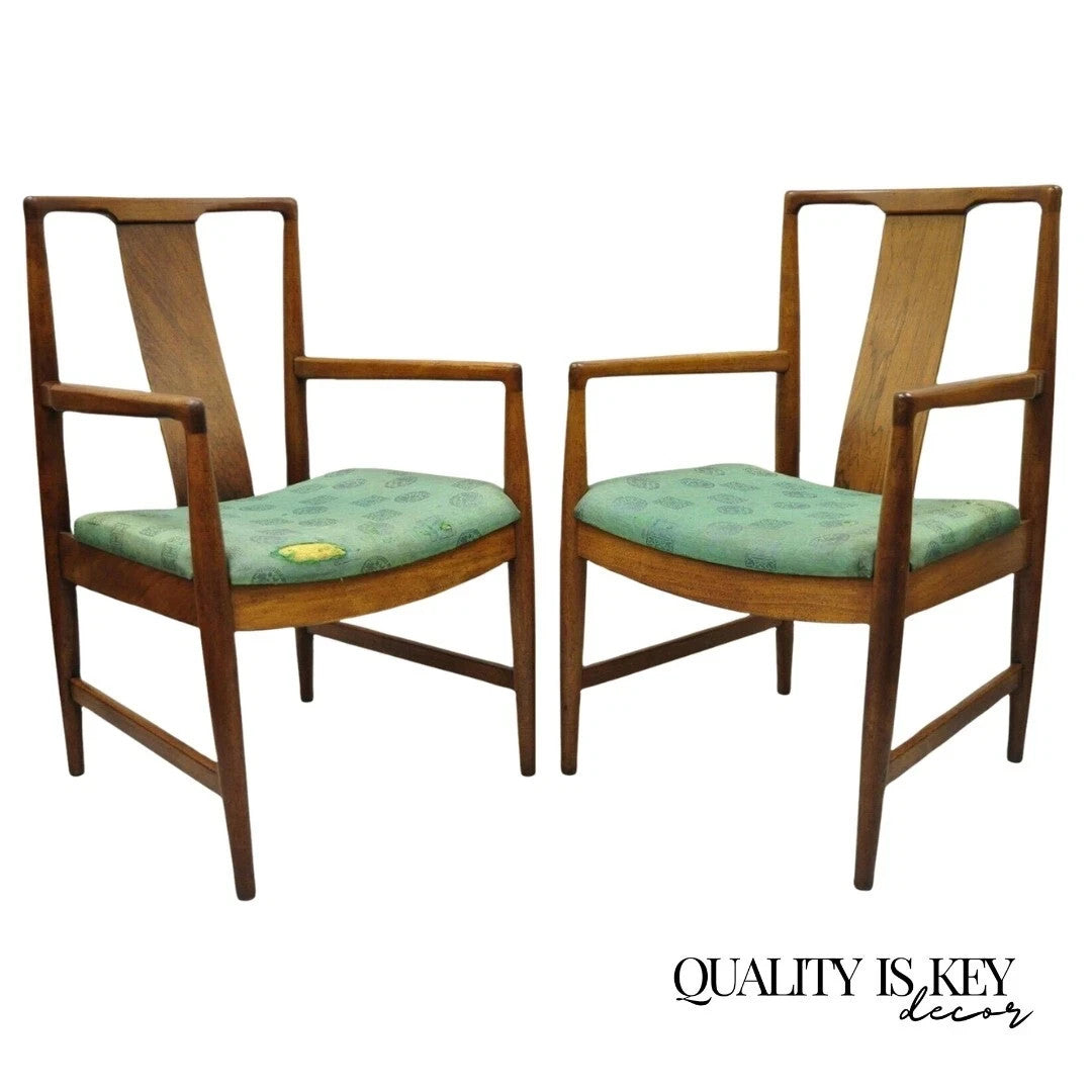 Vintage Mid Century Modern John Stuart Walnut Curve Back Dining Arm Chairs, Pair