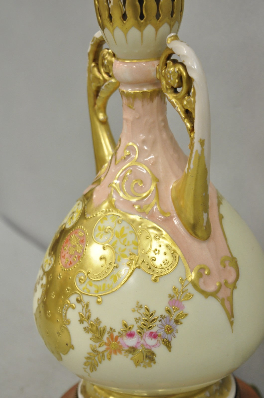 Antique Victorian Austrian Porcelain Pink Gold Gilt Small Boudoir Table Lamp