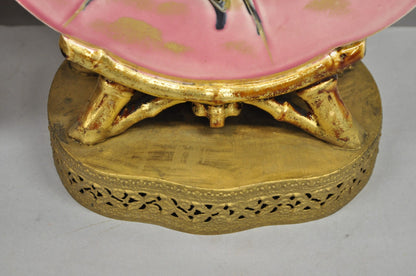 Antique Chinoiserie Pink Porcelain Round Vase Table Lamps w/ Birds - a Pair