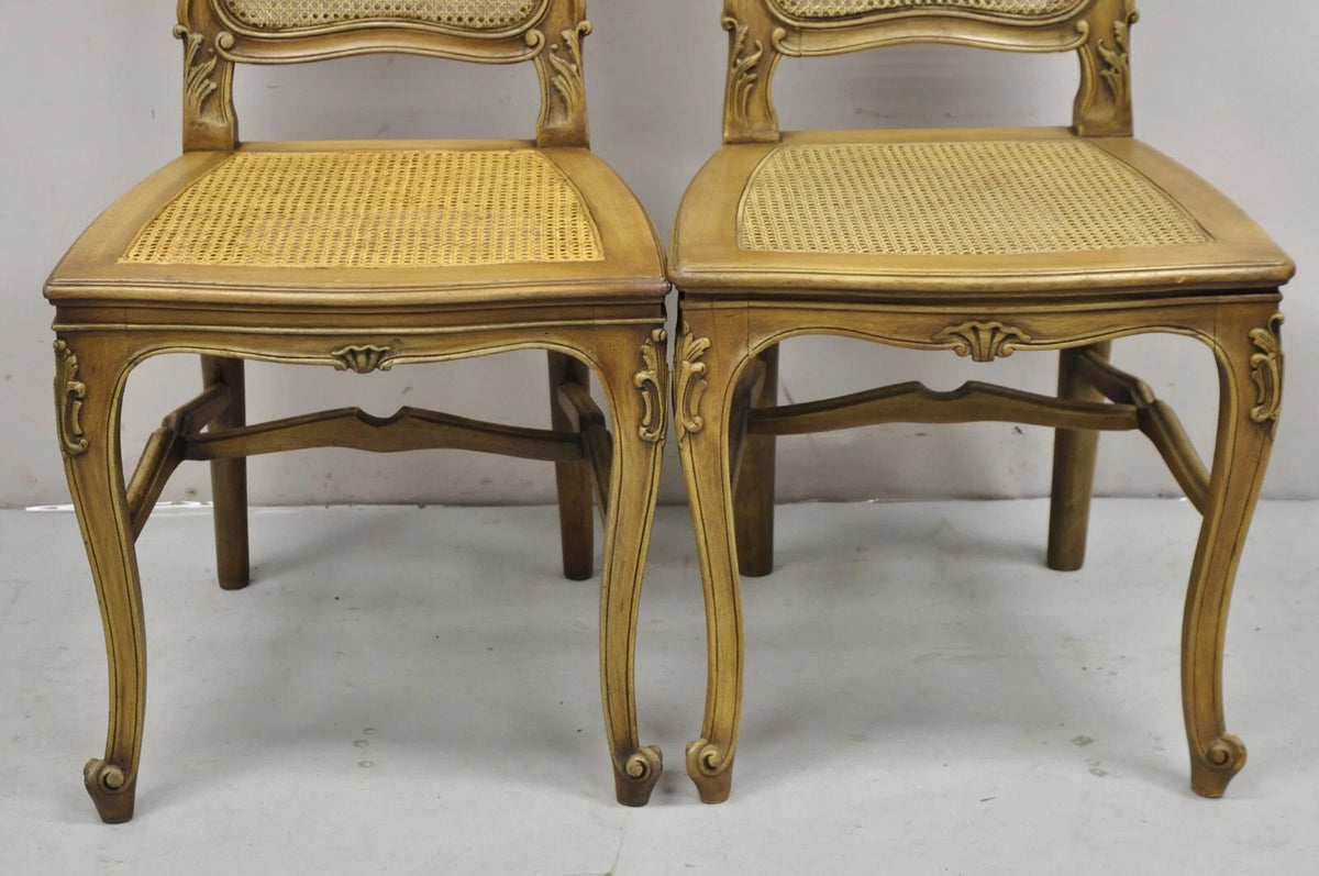 Antique French Provincial Louis XV Style Carved Walnut Cane Side Chair - a Pair