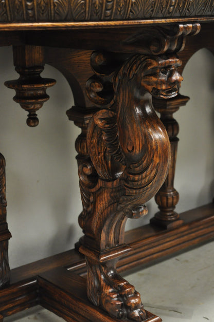 Antique Italian Renaissance Figural Carved Griffin Oak Flip Top Library Table