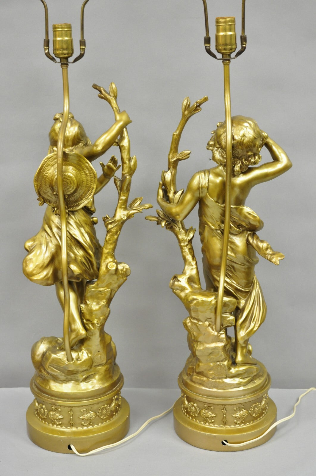 Antique L&F Moreau French Renaissance Gold Paint Metal Figural Table Lamps Pair