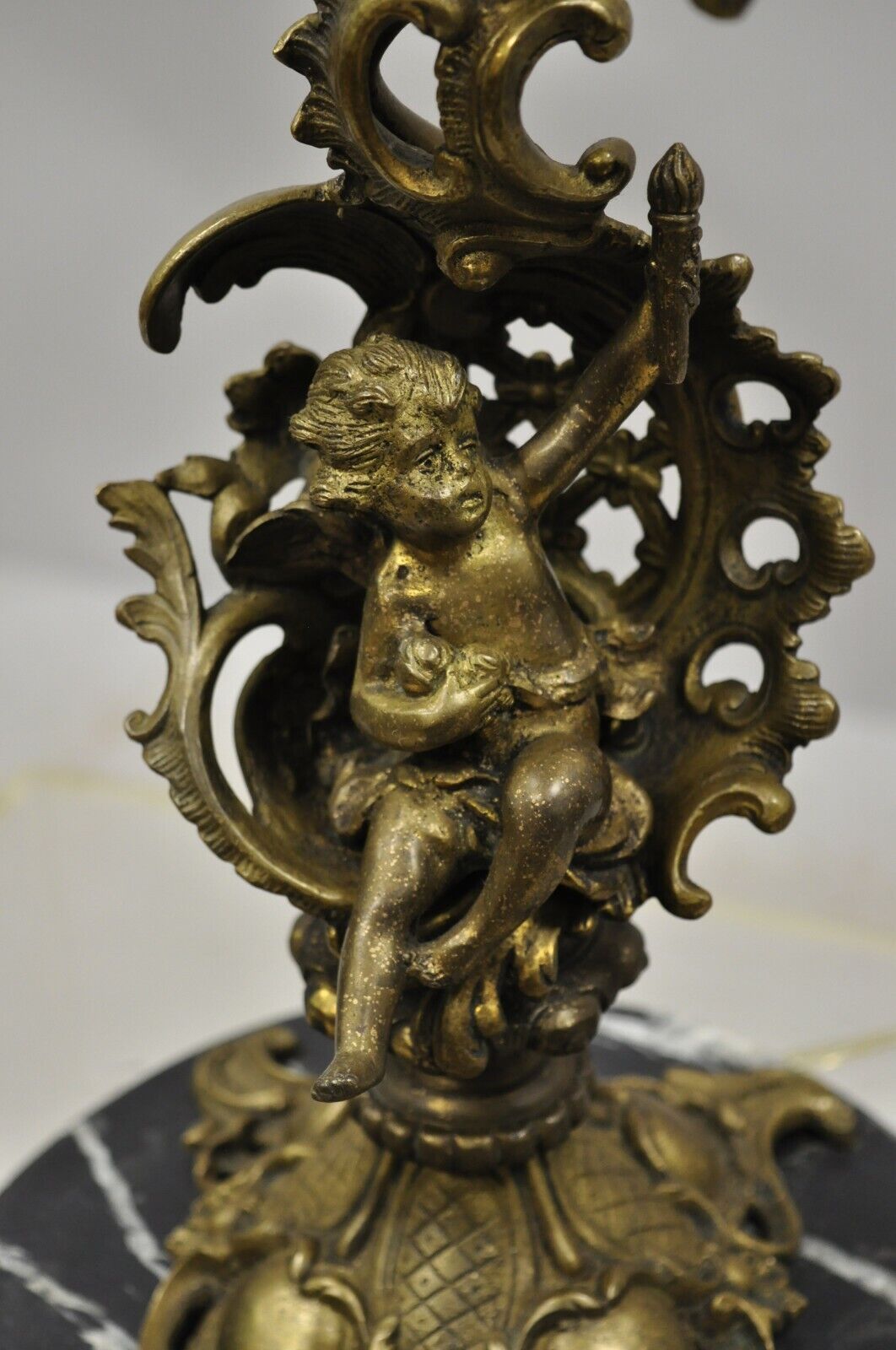 Vintage French Rococo Style Figural Cherub Brass & Marble Candelabra Table Lamp