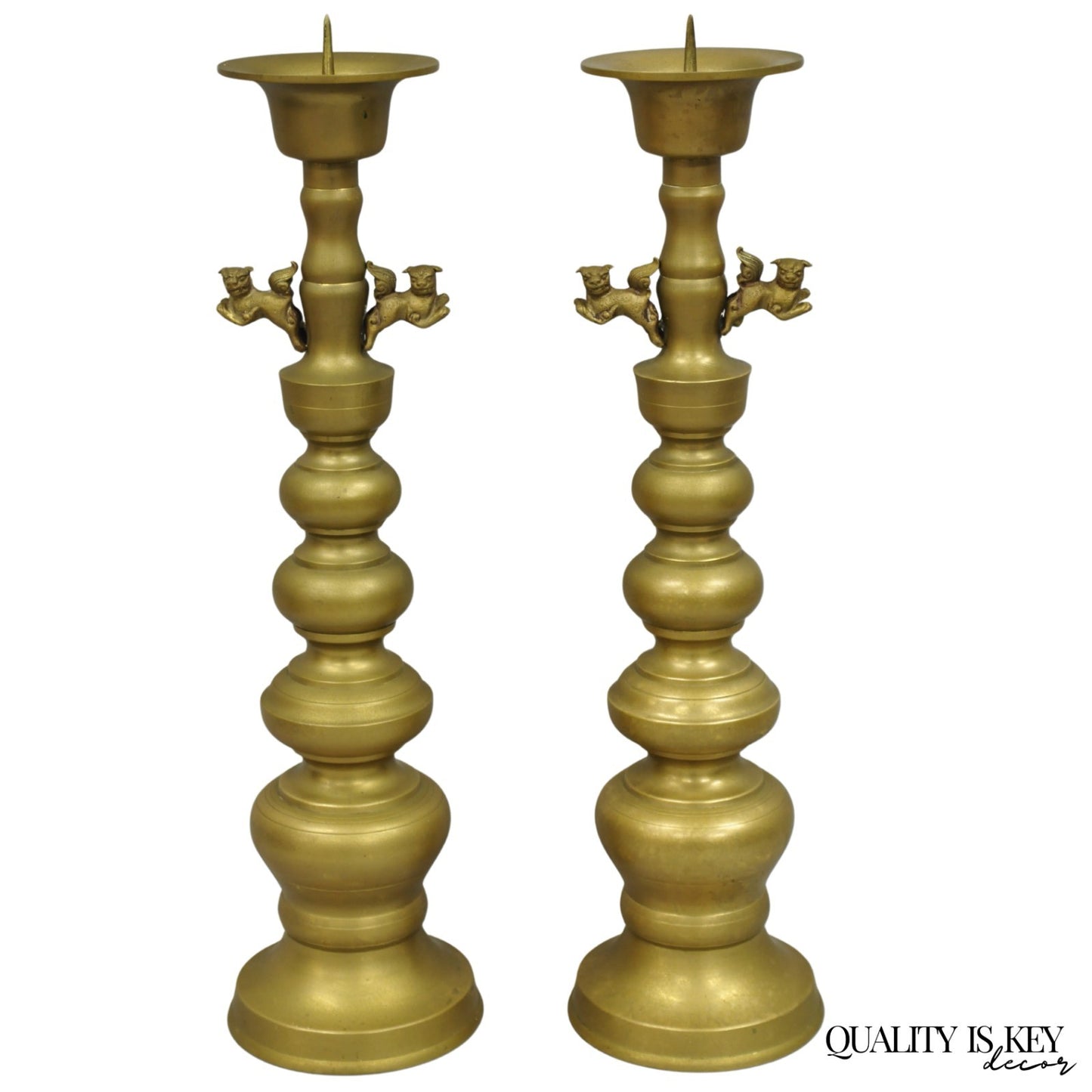 Vintage Oriental Foo Dog Stacked Brass Pricket Chinese 20" Candlesticks - a Pair