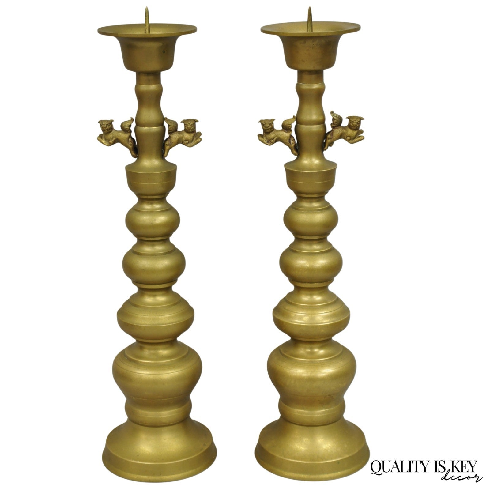 Vintage Oriental Foo Dog Stacked Brass Pricket Chinese 20" Candlesticks - a Pair