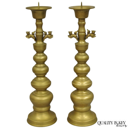Vintage Oriental Foo Dog Stacked Brass Pricket Chinese 20" Candlesticks - a Pair