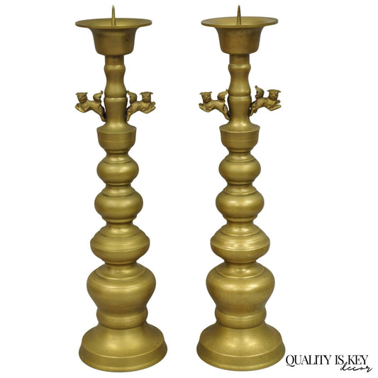 Vintage Oriental Foo Dog Stacked Brass Pricket Chinese 20" Candlesticks - a Pair