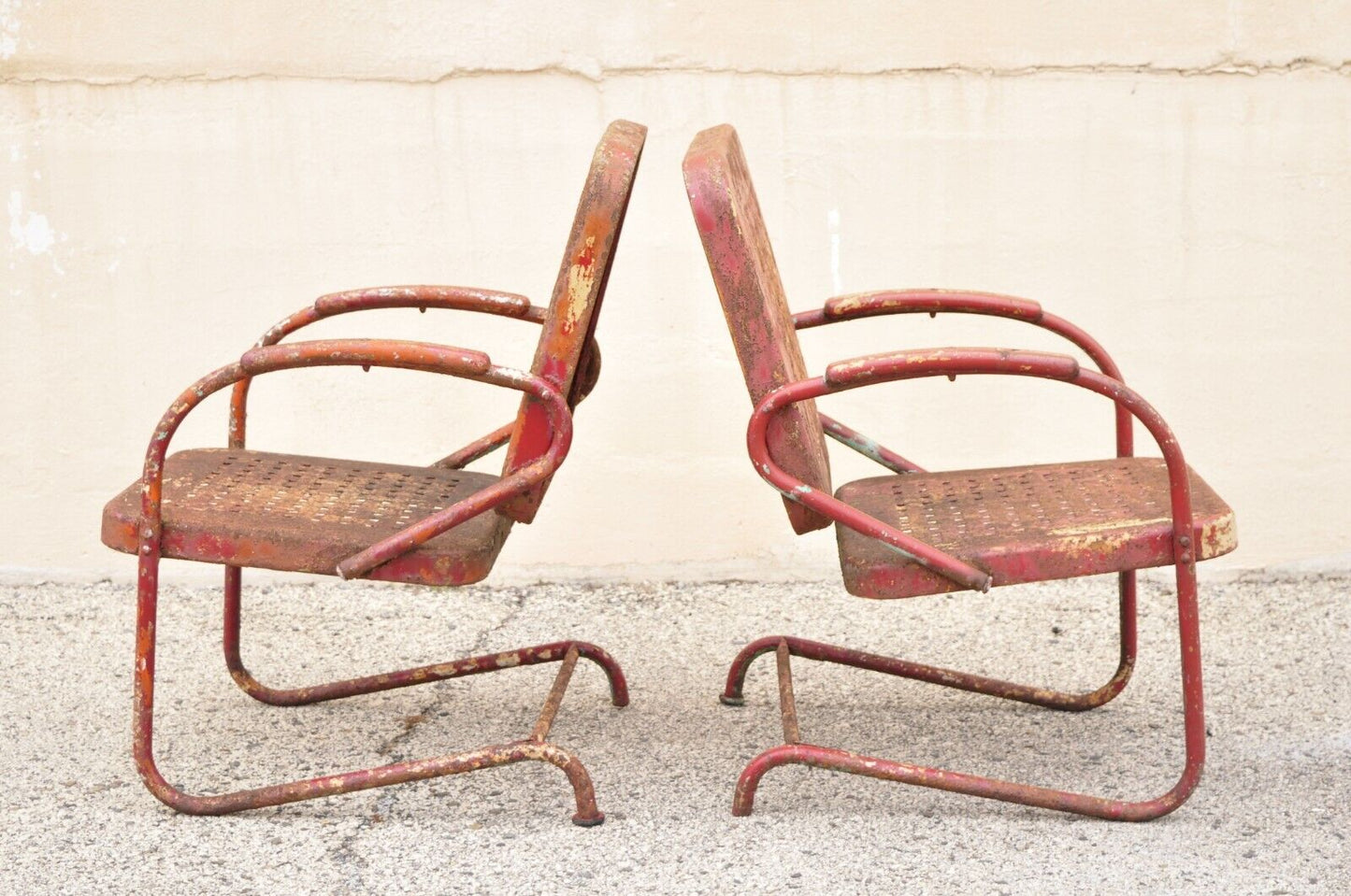 Antique Art Deco Basketweave Red Distress Paint Bouncer Garden Chairs - a Pair