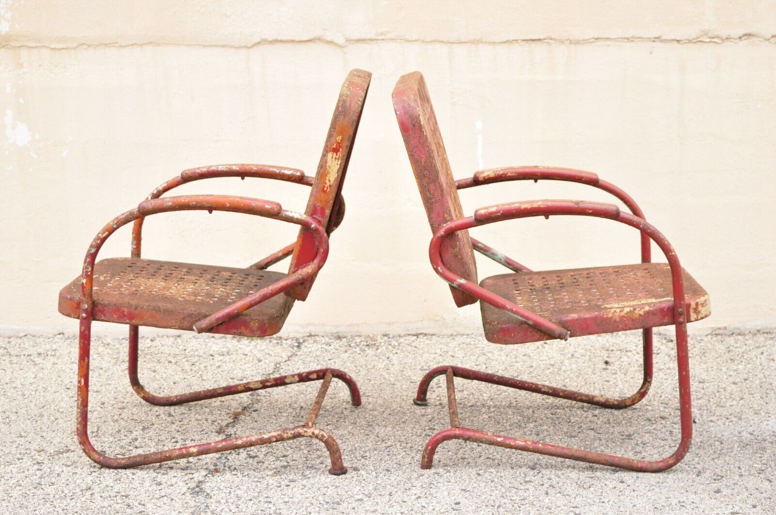 Antique Art Deco Basketweave Red Distress Paint Bouncer Garden Chairs - a Pair