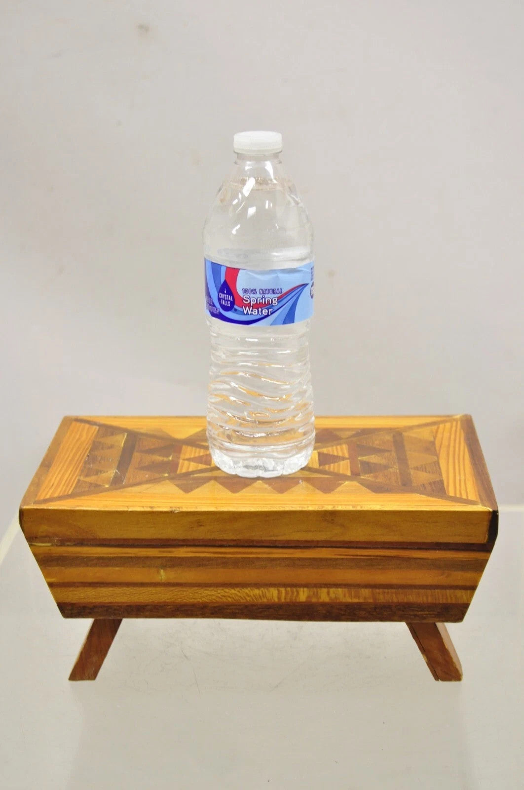 Vintage Folk Art Marquetry Inlay Small Wooden Primitive Footstool Ottoman Stool