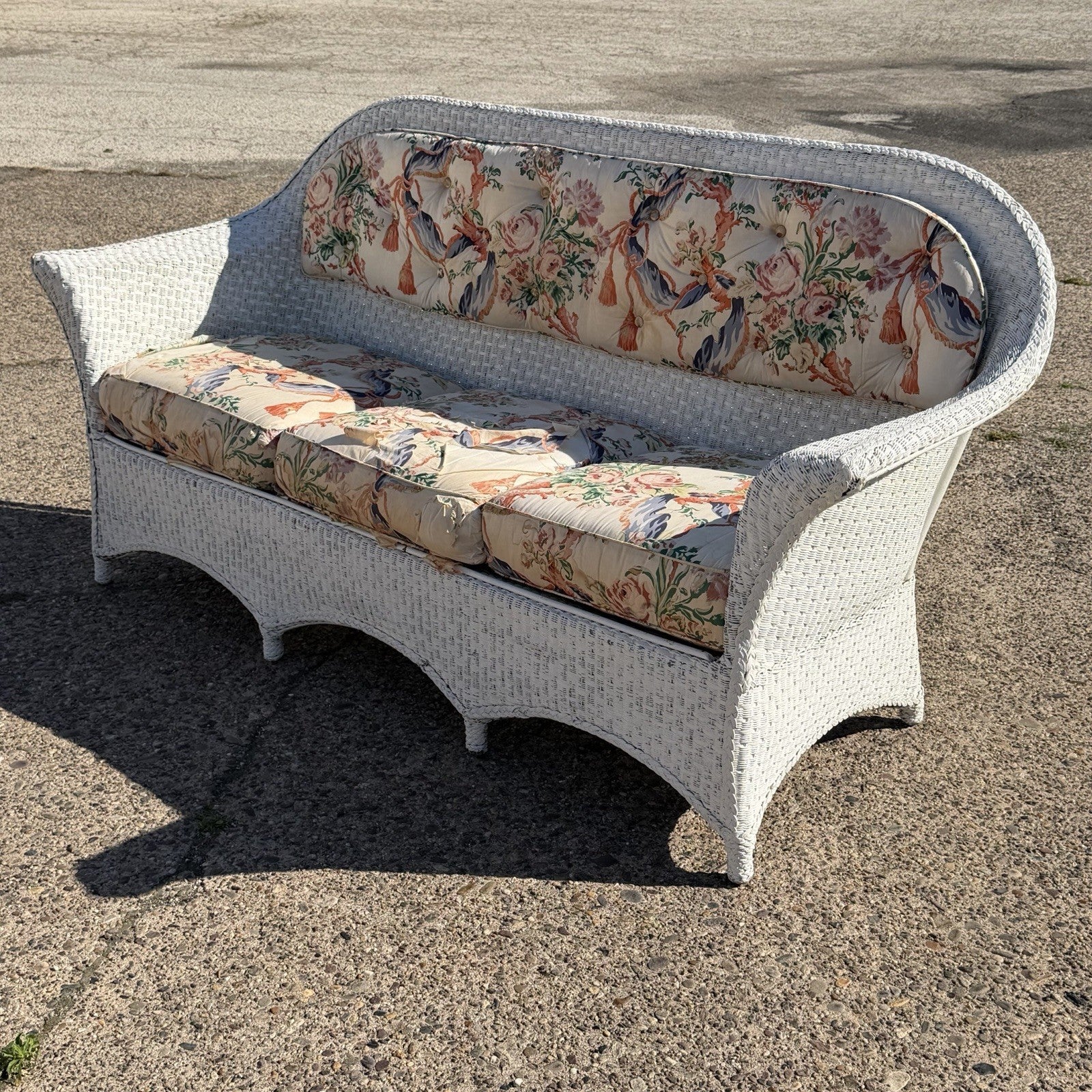 Antique Victorian White Wicker Rattan Sunroom Patio Sofa w/ Loose Cushions