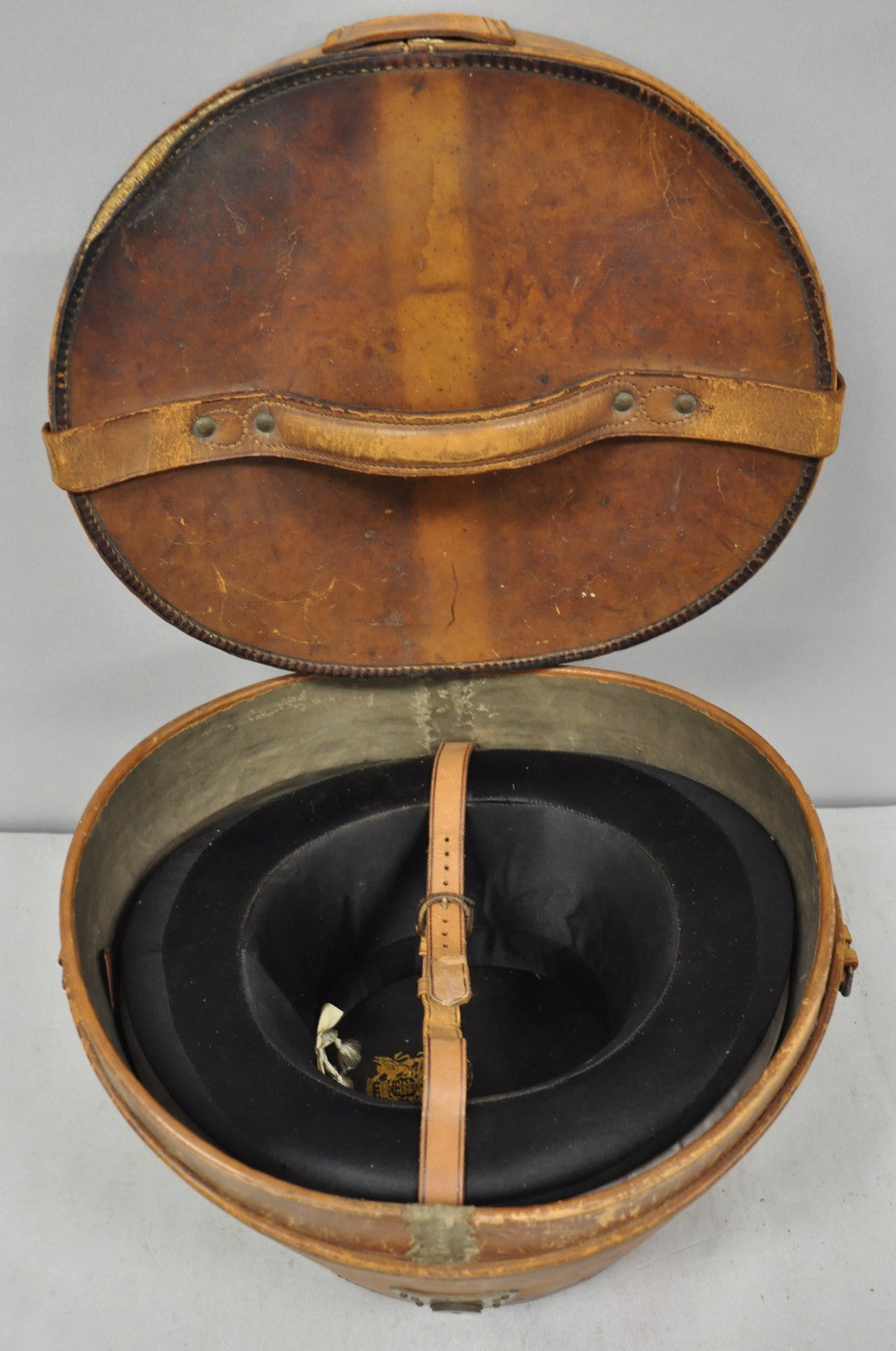 Antique Victorian Brown Leather Travel Case Hat Box w/ Miller of NY Silk Top Hat