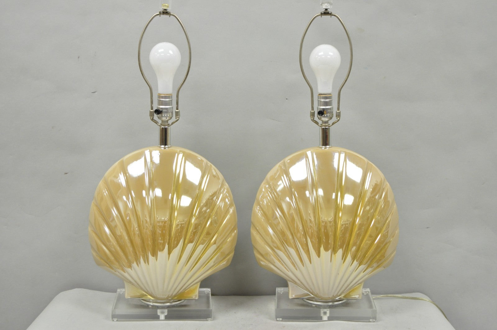 Mid Century Modern Iridescent Gold Ceramic Pottery Clam Shell Table Lamp - Pair
