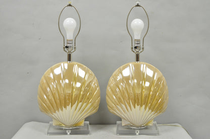 Mid Century Modern Iridescent Gold Ceramic Pottery Clam Shell Table Lamp - Pair