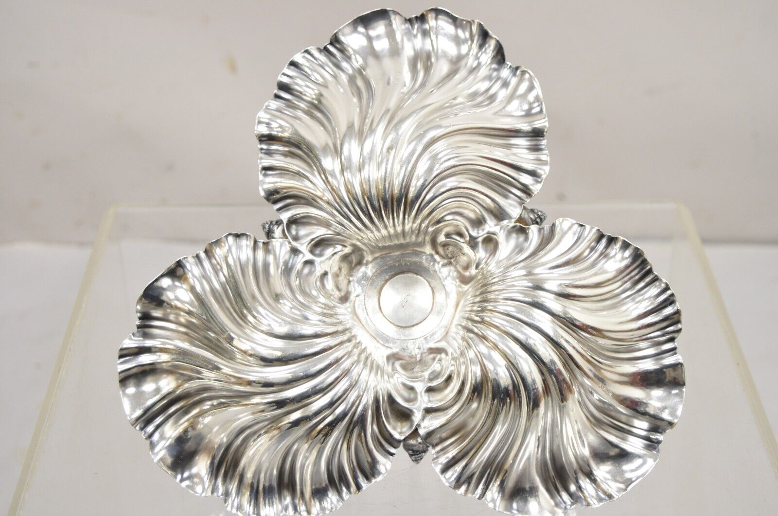 Antique English Victorian Silver Plated Triple Clam Shell Nautical Candy Dish