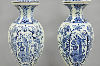 Vintage Chinoiserie Blue & White Porcelain Urn Bird Painted Table Lamps - a Pair