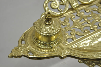 Vintage Renaissance Victorian Style Brass Lion Head Double Pen Desk Inkwell