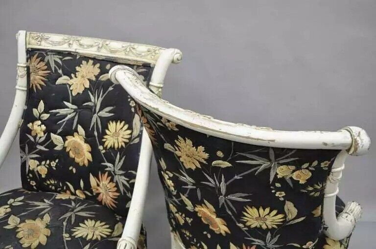 Vintage French Hollywood Regency Style Carved Cornucopia White Chairs - a Pair