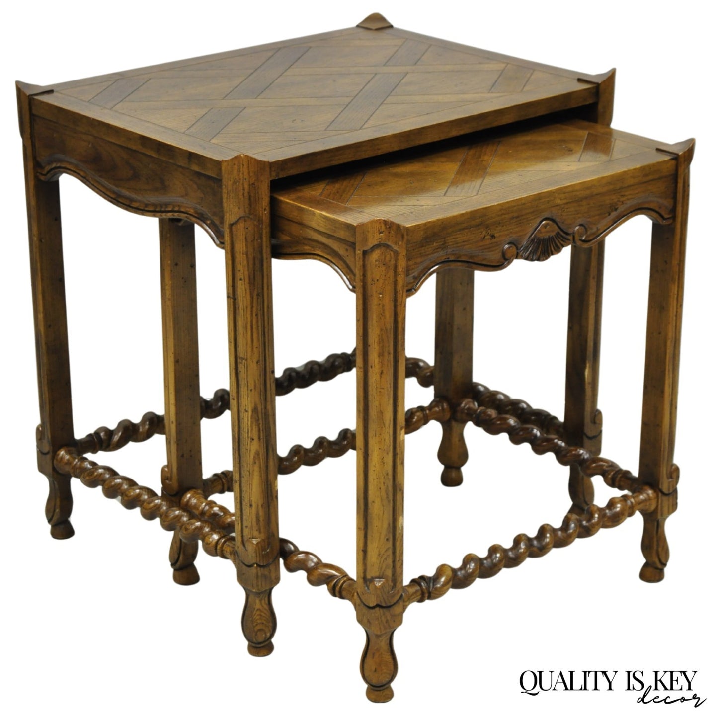 Vintage Baker Barley Twist Oak Parquetry Inlay Nesting Step Lamp Side Tables