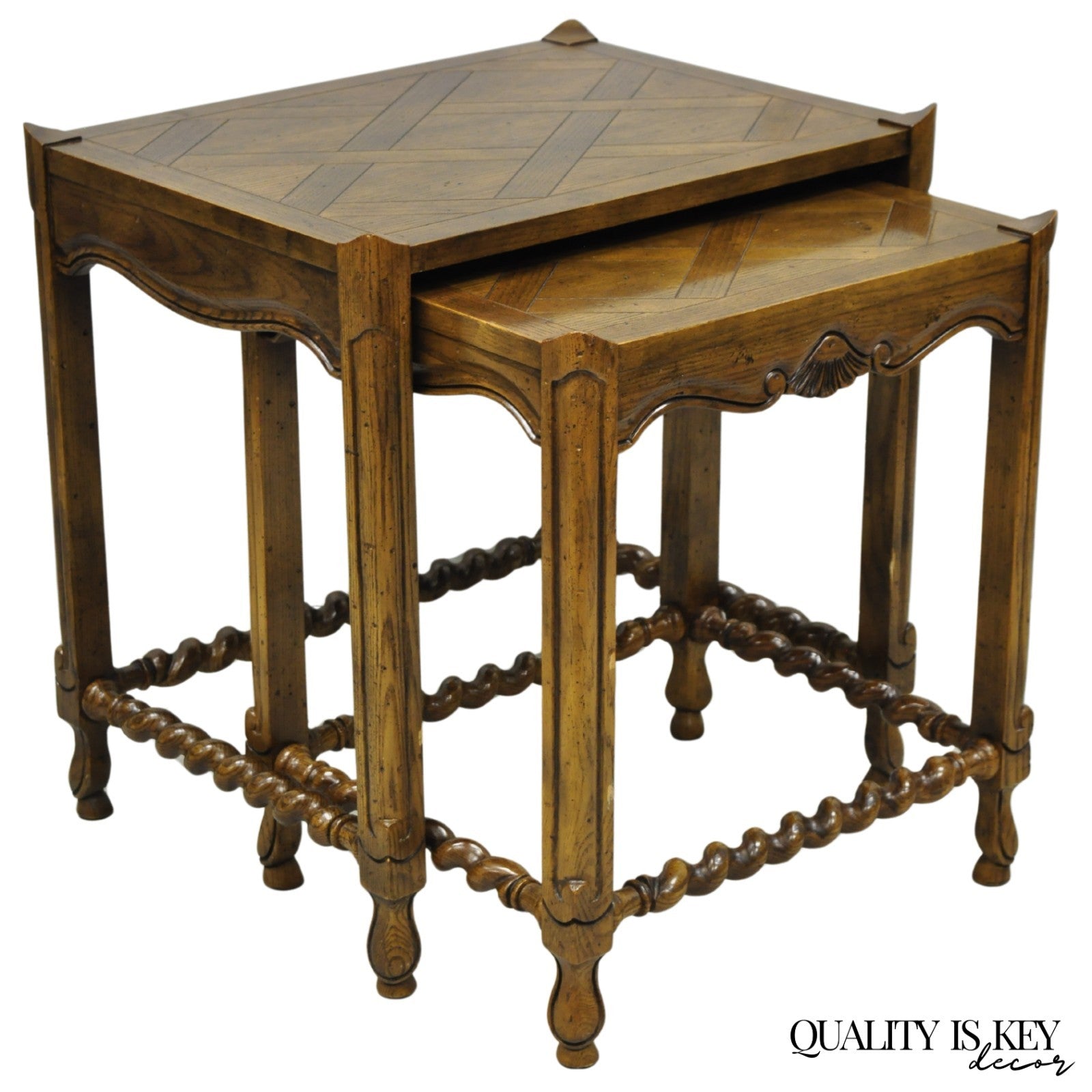 Vintage Baker Barley Twist Oak Parquetry Inlay Nesting Step Lamp Side Tables