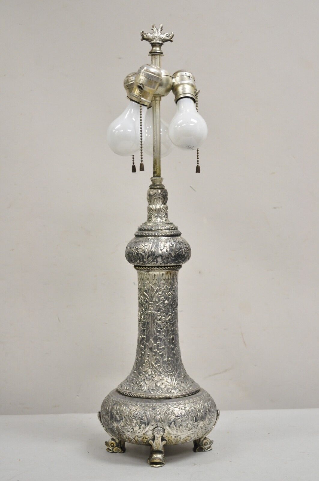 Antique English Victorian Silver Gilt Pewter Table Lamp w/ Regency Dolphin Feet