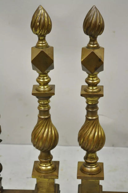 Antique Federal Brass Spiral Twist Finial Branch Leg Ball & Claw Andirons - Pair
