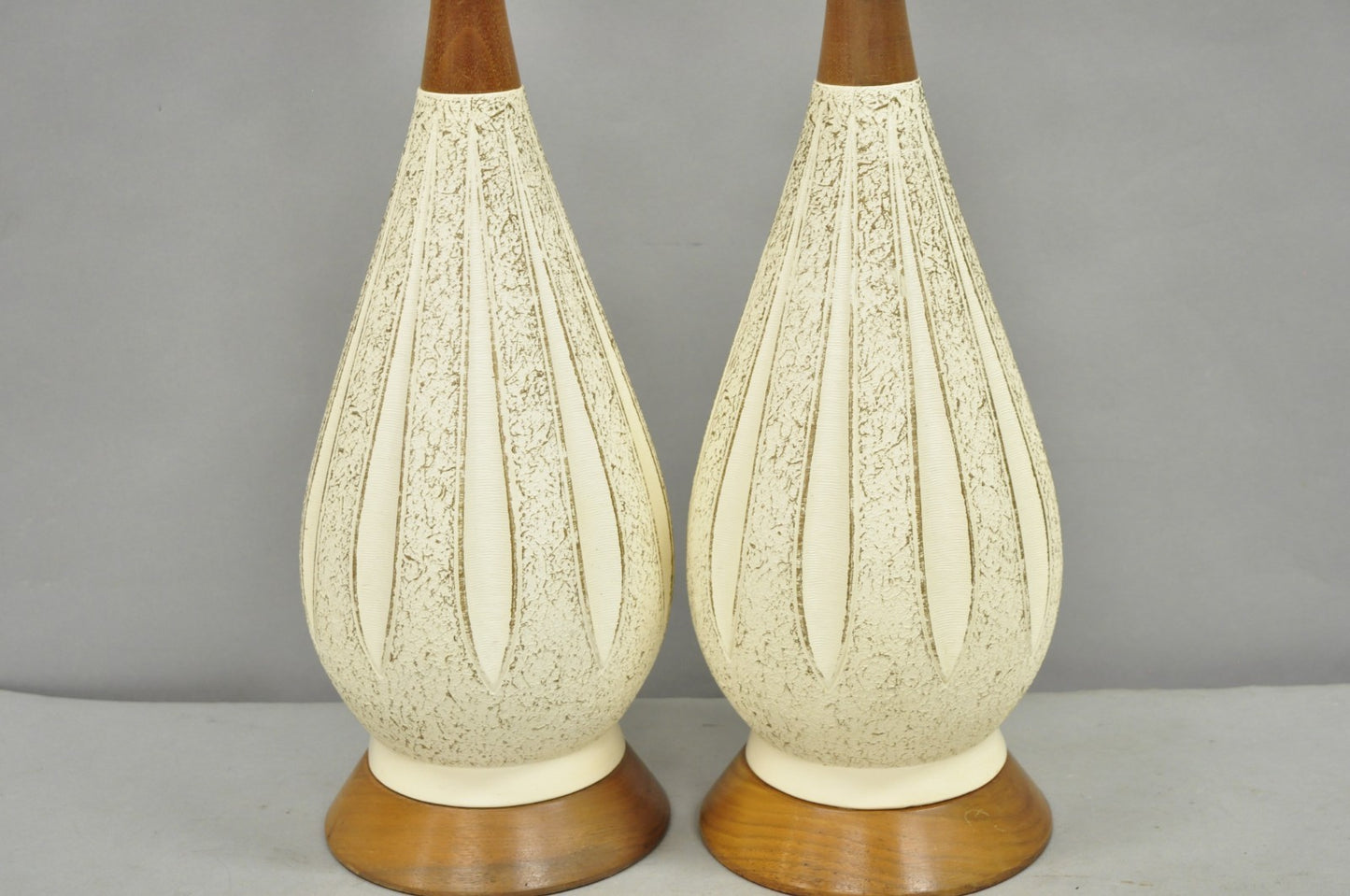Vintage Mid Century Modern Sculpted White Ceramic & Teak Wood Table Lamps - Pair