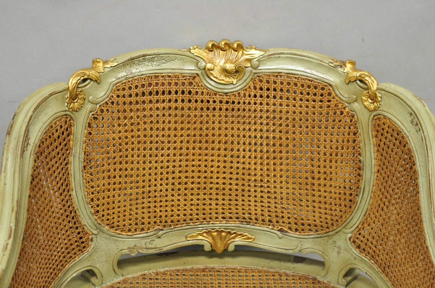 Vintage French Louis XV Style Green Painted Gold Gilt Cane Bergere Arm Chair