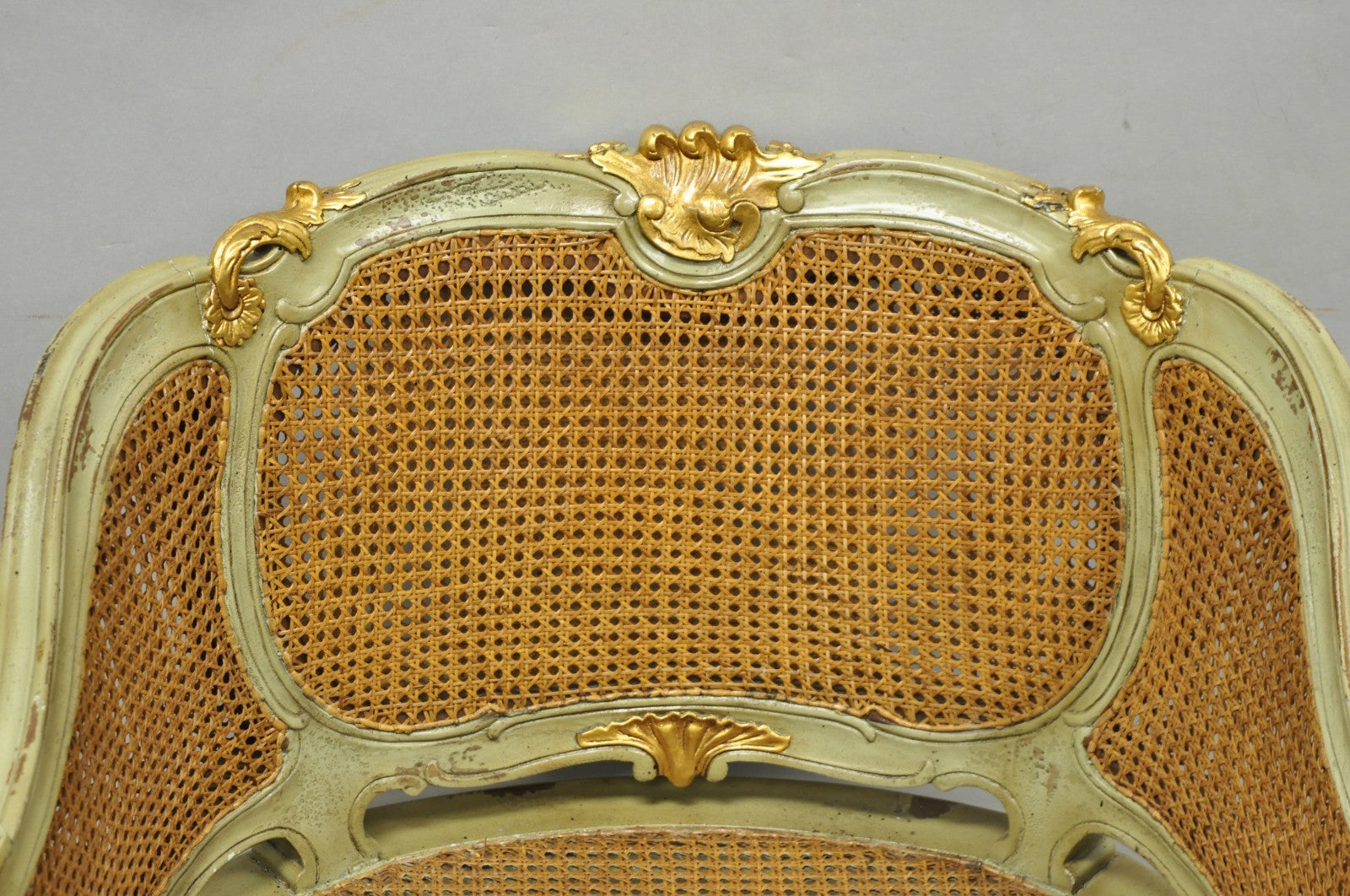 Vintage French Louis XV Style Green Painted Gold Gilt Cane Bergere Arm Chair