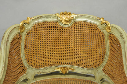 Vintage French Louis XV Style Green Painted Gold Gilt Cane Bergere Arm Chair