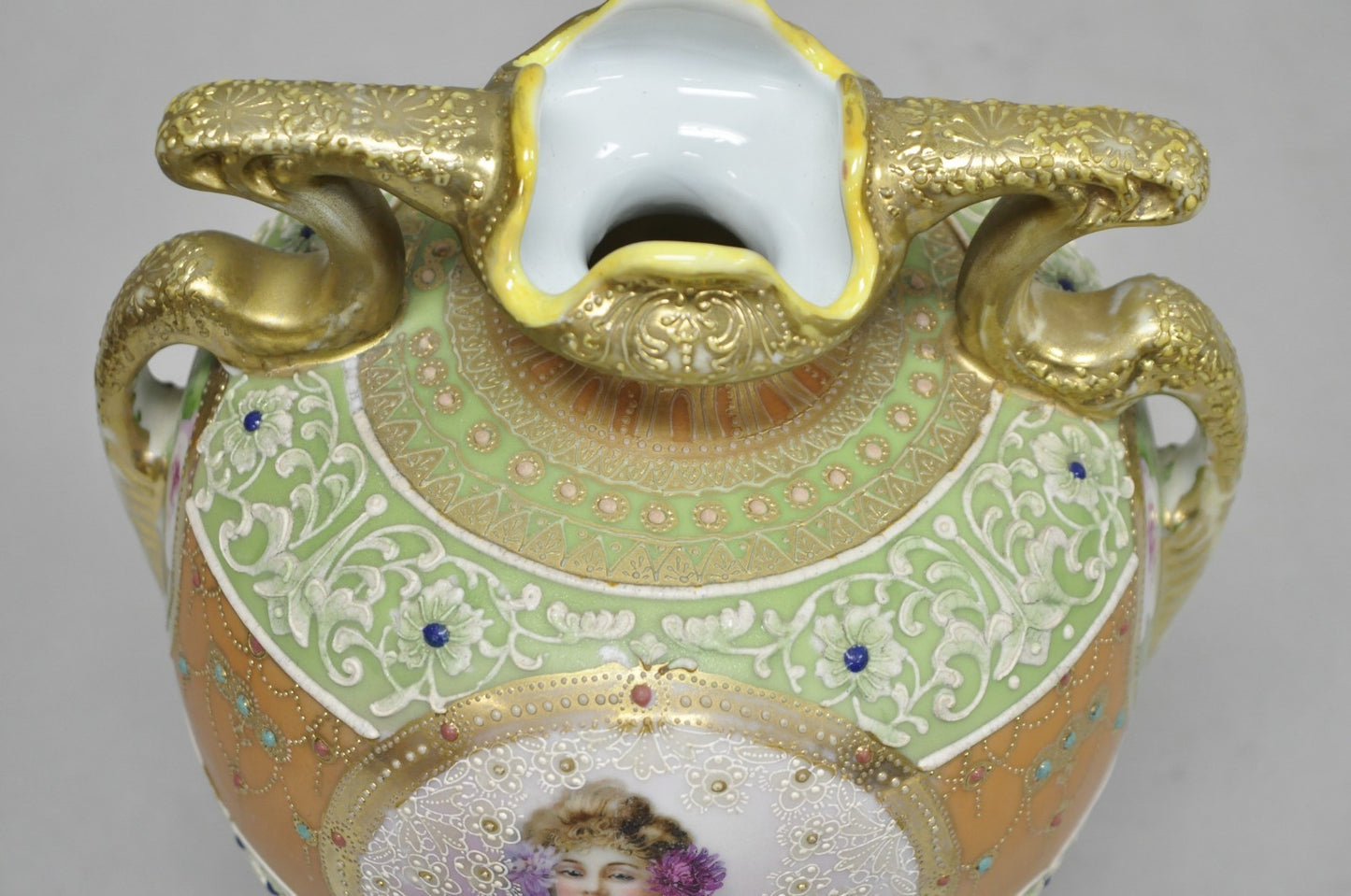Antique Nippon Hand Painted Porcelain Green Moriage Twin Handle Portrait Vase