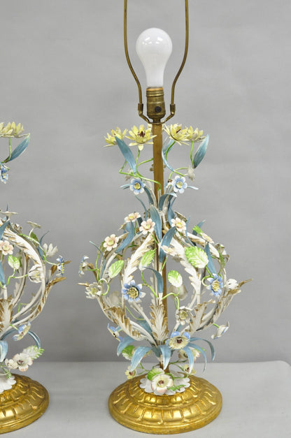 Vintage Italian Hollywood Regency Iron Tole Metal Painted Flower Table Lamp Pair