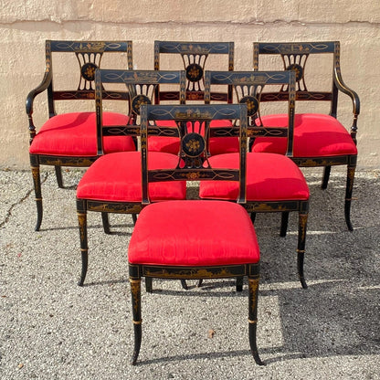 Union National Chinoiserie English Regency Black Painted Dining Chair - Set of 6