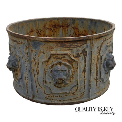 Cast Iron English Style 20" Round Lion Heads Black Outdoor Garden Planter Pot