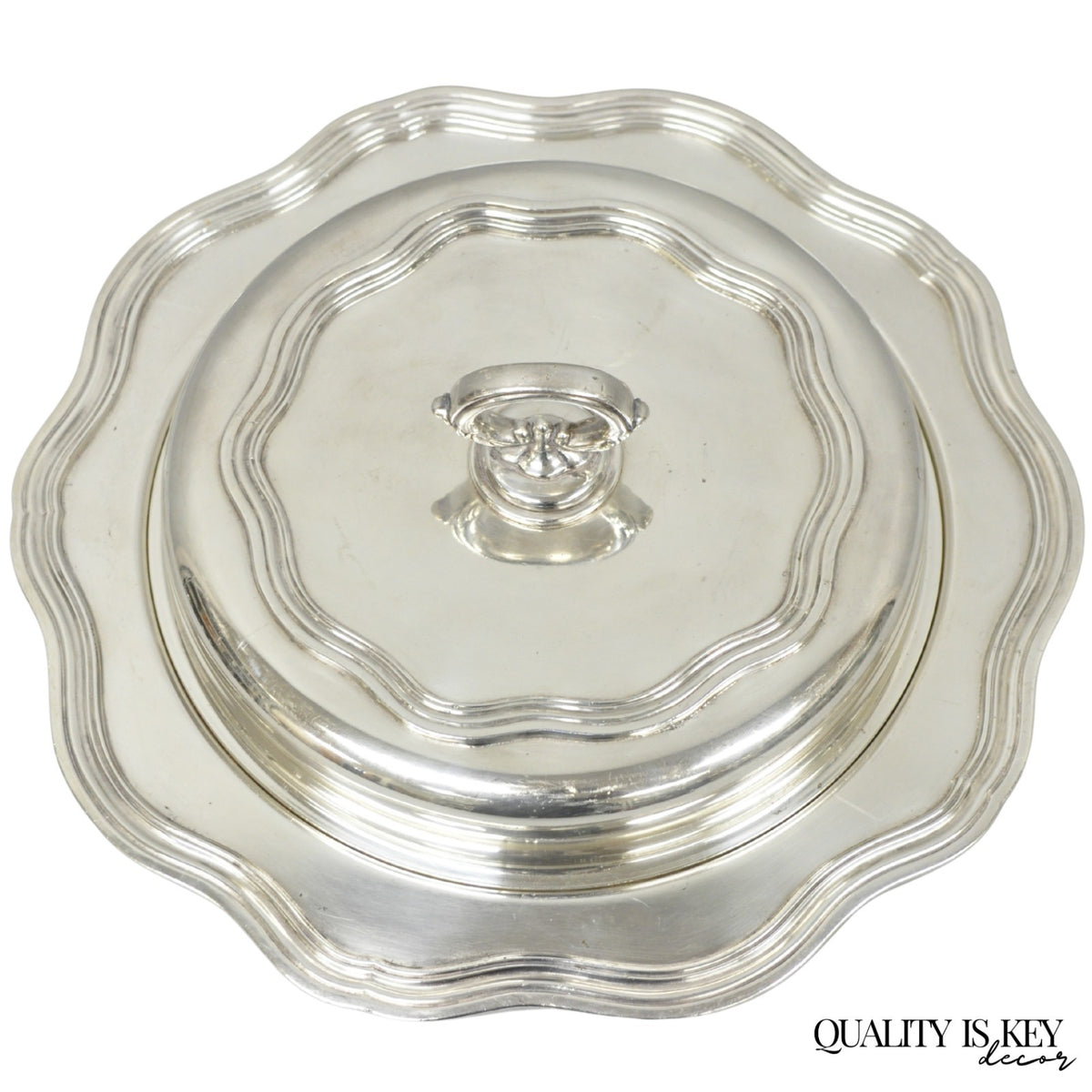 Vintage Sheffield Round Scalloped Silver Plated Covered Divided Serving Dish