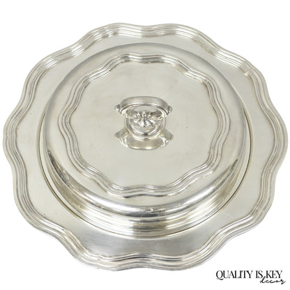 Vintage Sheffield Round Scalloped Silver Plated Covered Divided Serving Dish