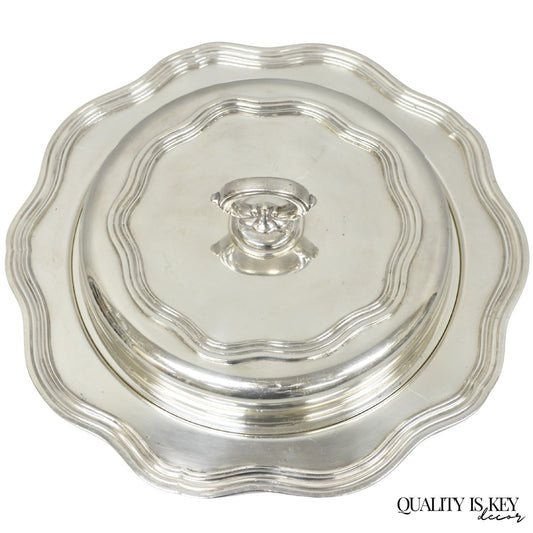 Vintage Sheffield Round Scalloped Silver Plated Covered Divided Serving Dish