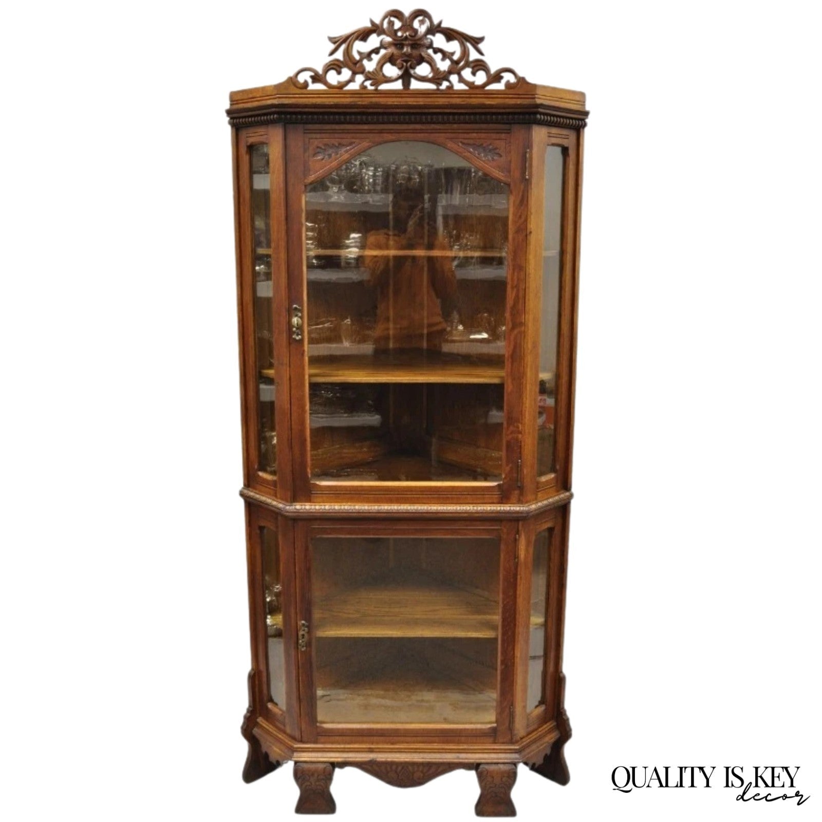Antique Victorian Renaissance Oak Glass Door Carved Curio Corner China Cabinet