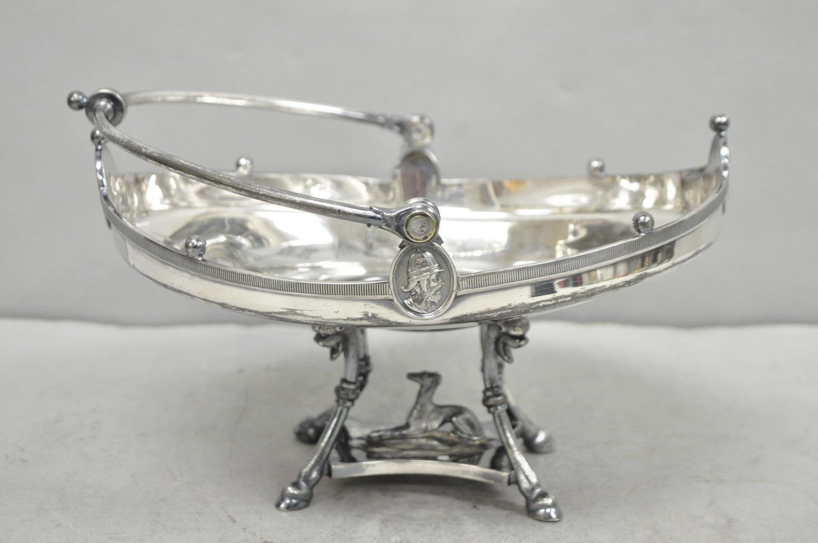 Antique Reed & Barton English Regency Figural Bread Basket w Whippet Dog Base