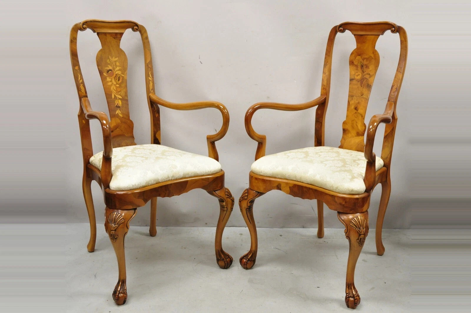 Vintage Queen Anne Style Italian Burl Wood Marquetry Inlay Arm Chairs - a Pair