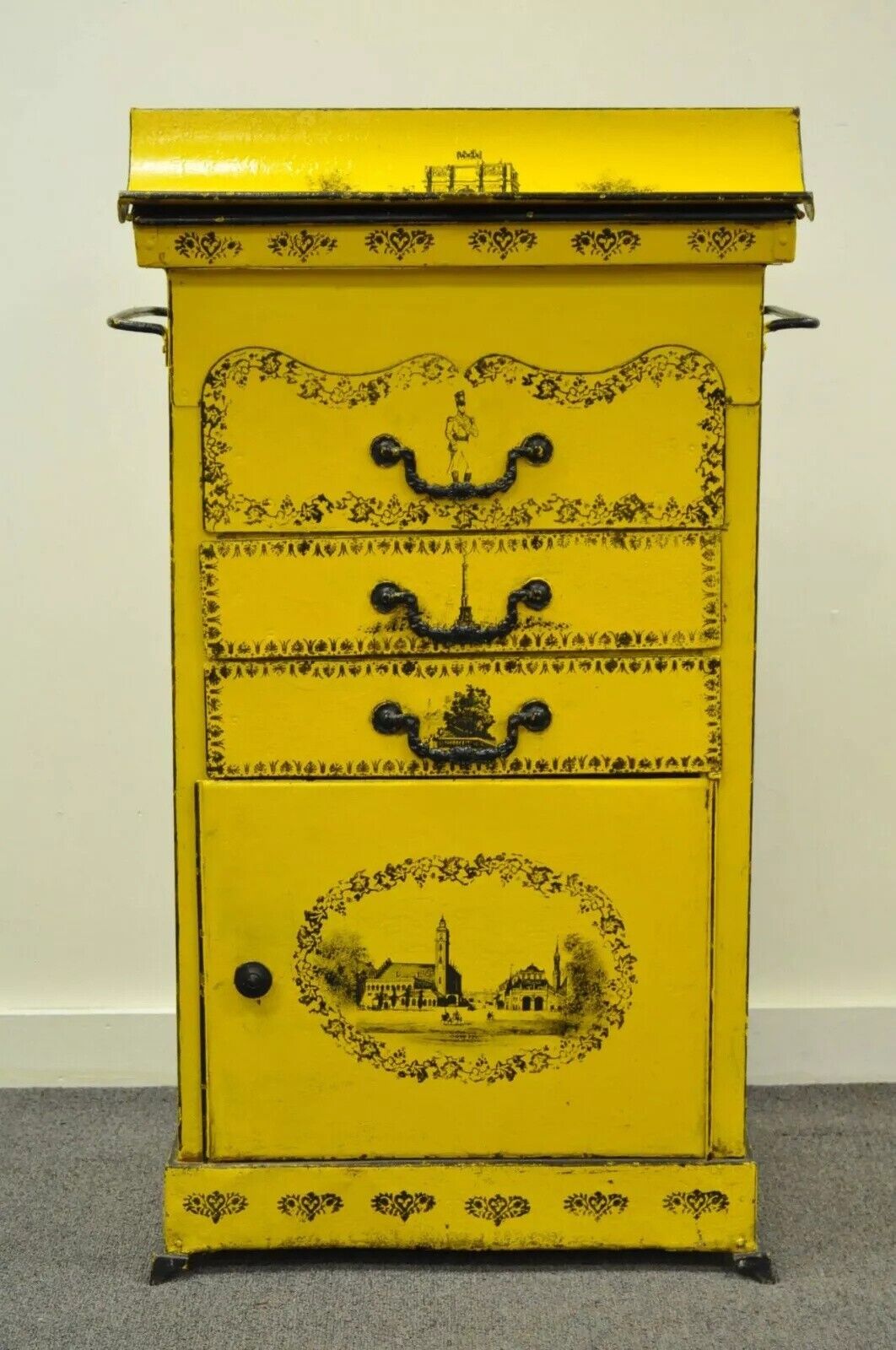 Antique 19th C. Italian Regency Tole Metal Flip Top Yellow Vanity Sink Drysink