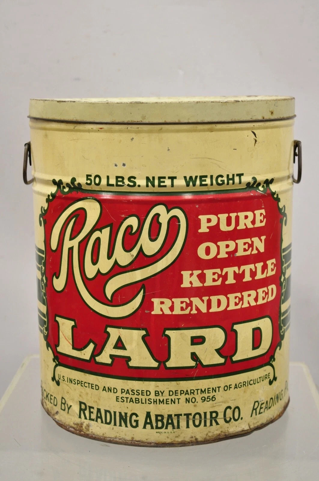 Vintage Raco 25 lbs. Advertising Lard Tin Metal Can Reading PA Twin Handles