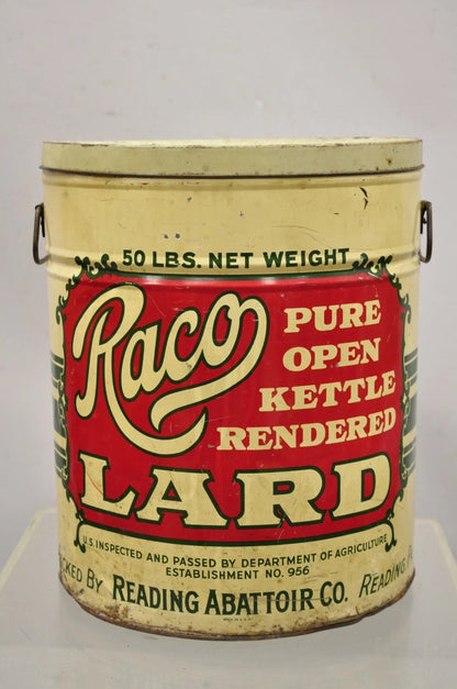 Vintage Raco 25 lbs. Advertising Lard Tin Metal Can Reading PA Twin Handles