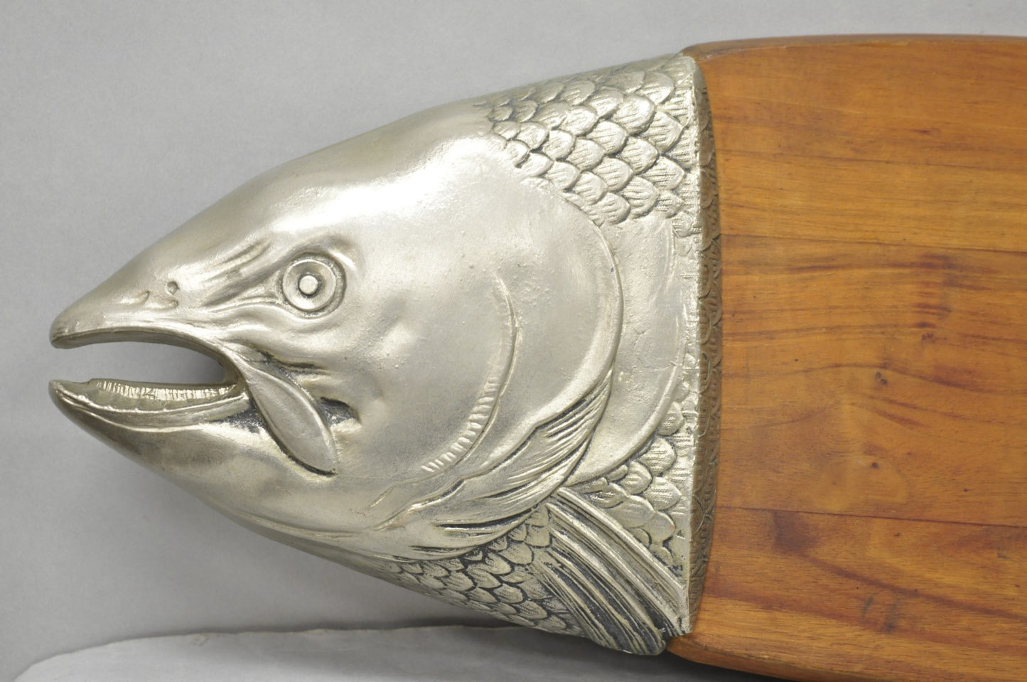 Vintage Mid Century Modern Teak Wood & Metal Fish Serving Platter Cutting Board