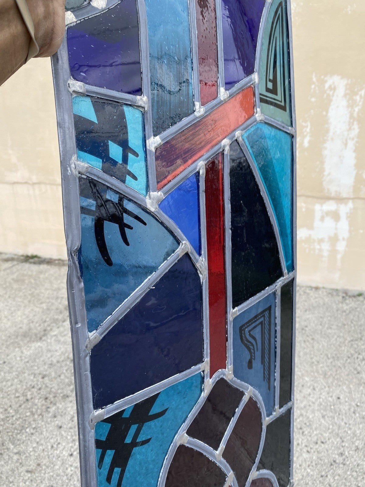 Vintage Art Deco Blue & Red Leaded Stained Glass Church Window w/ Cross 29x13